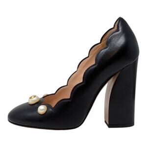 Gucci Willow GG logo pearl scalloped edge curved block heel pumps black 36.5